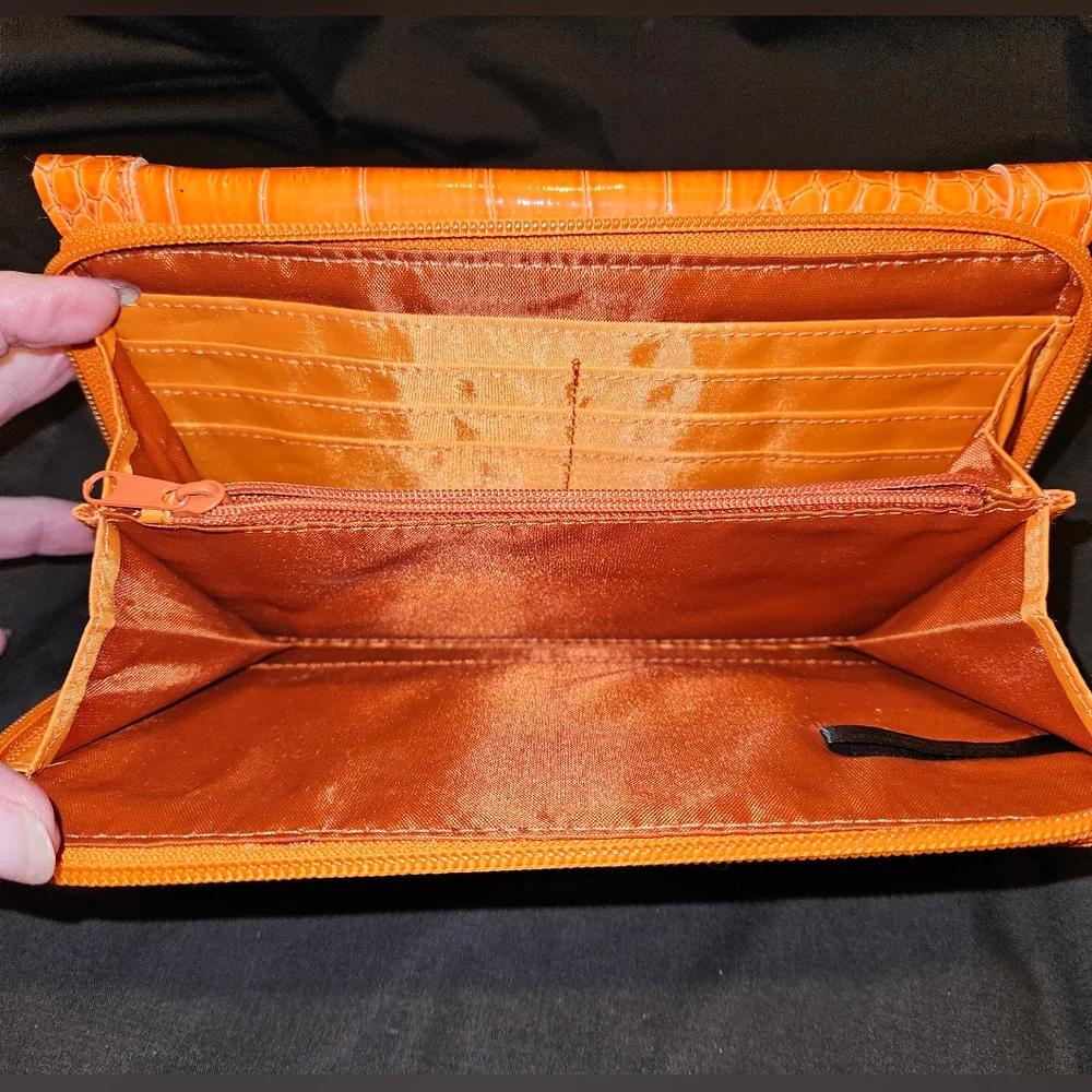 Ladies Orange Crocodile Alligator Design Hand Clutch Wallet Purse